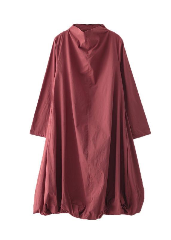 Natural Red Stand Asymmetrical Design Fall Cotton Long Dress - Omychic