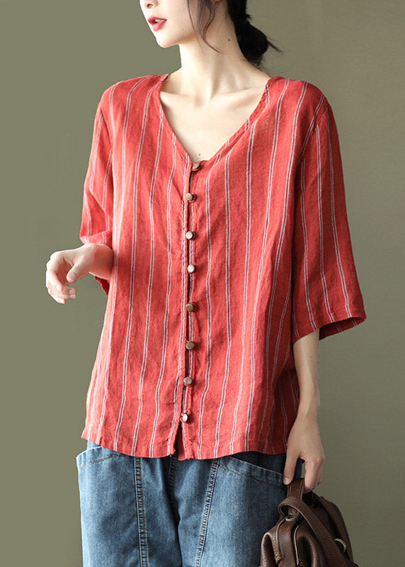 Natural Red V Neck Striped Linen Shirts Half Sleeve
