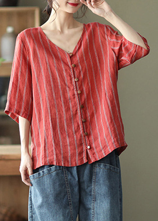 Natural Red V Neck Striped Linen Shirts Half Sleeve