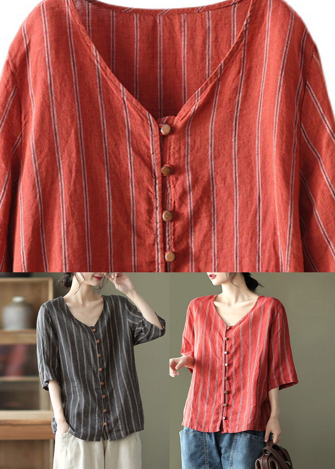 Natural Red V Neck Striped Linen Shirts Half Sleeve