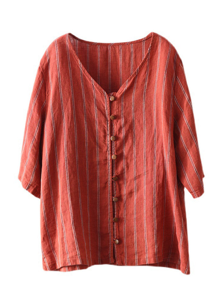 Natural Red V Neck Striped Linen Shirts Half Sleeve