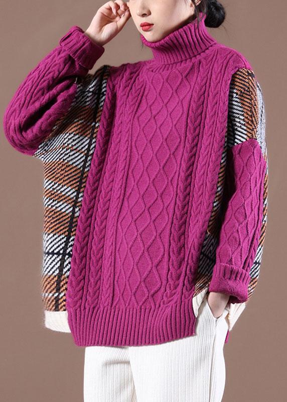 Natural Rose Patchwork High neck Casual Fall Knit Sweater - Omychic