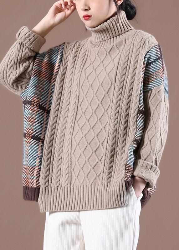 Natural Rose Patchwork High neck Casual Fall Knit Sweater - Omychic