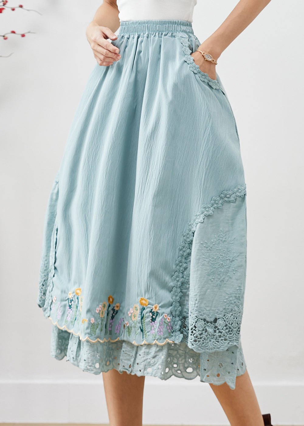 Natural Sky Blue Embroideried Patchwork Cotton Skirt Fall