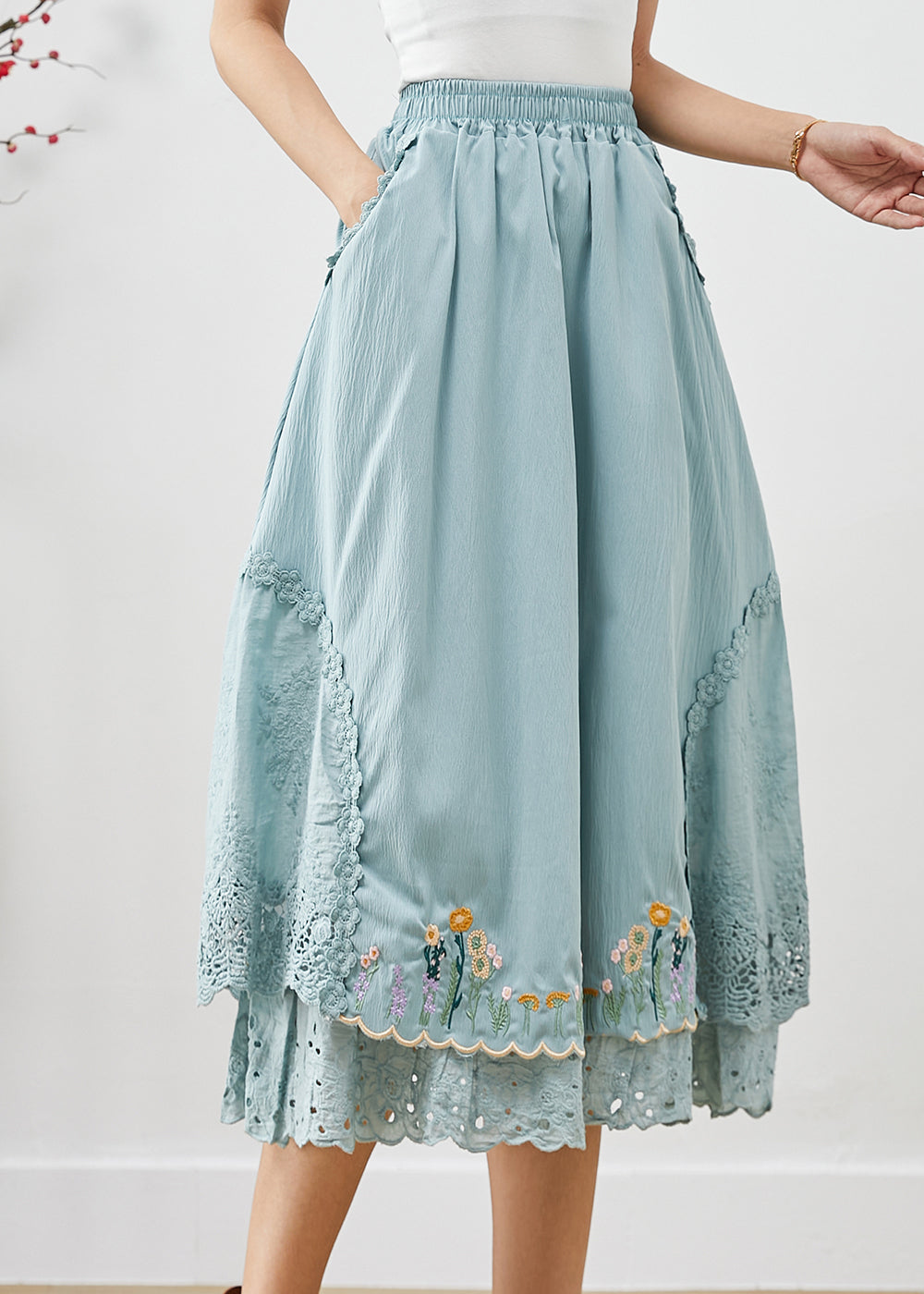 Natural Sky Blue Embroideried Patchwork Cotton Skirt Fall