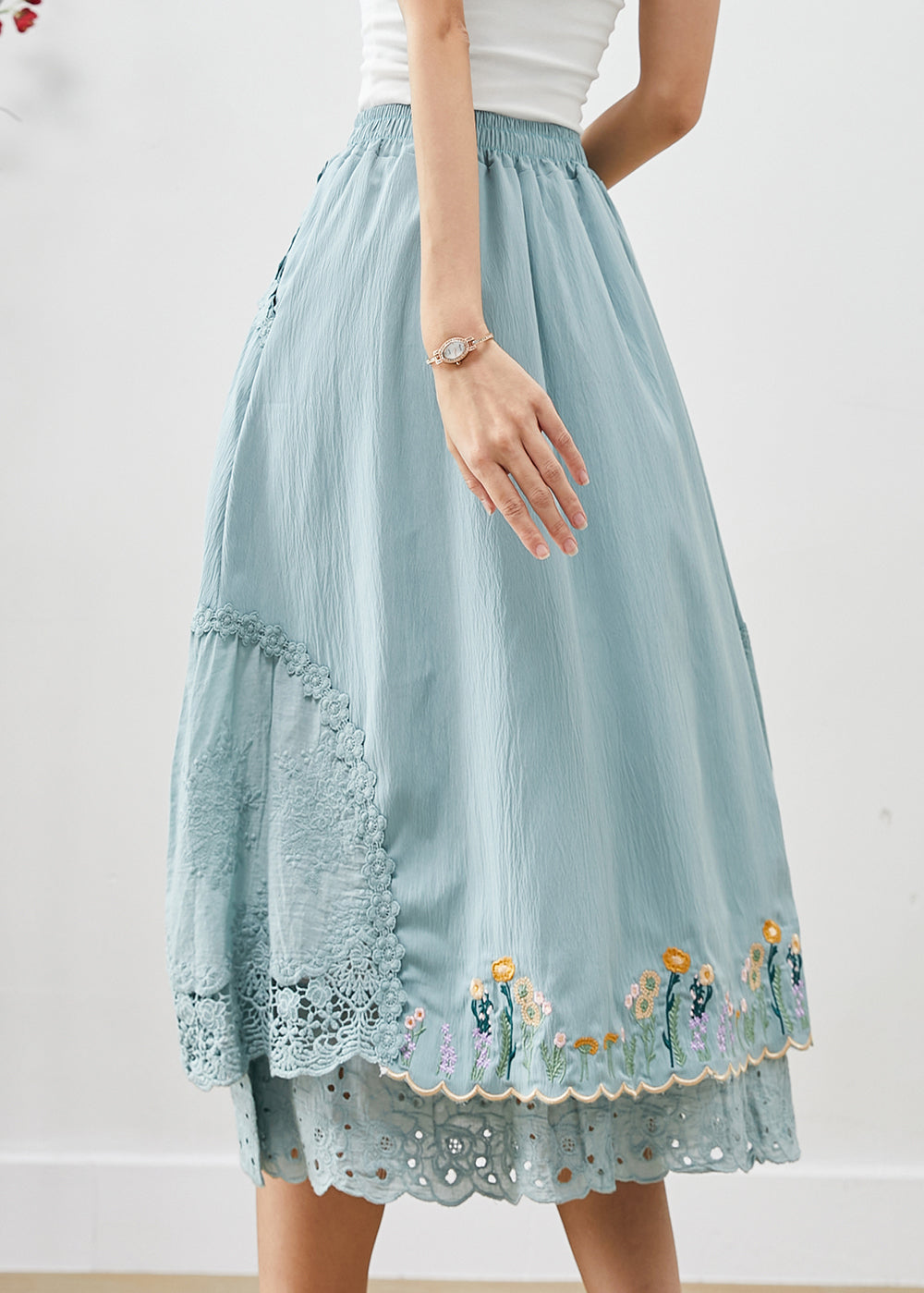 Natural Sky Blue Embroideried Patchwork Cotton Skirt Fall