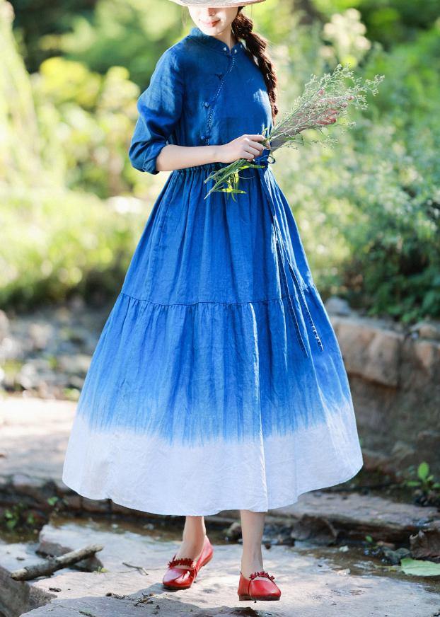 Natural Stand Collar Patchwork Tunics For Women Shirts Blue Vestidos De Lino Dresses - Omychic