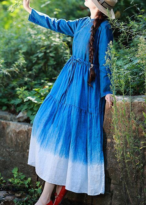 Natural Stand Collar Patchwork Tunics For Women Shirts Blue Vestidos De Lino Dresses - Omychic