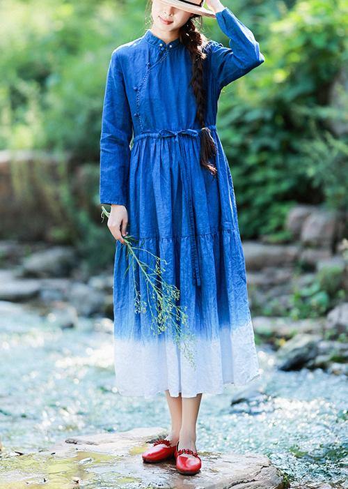 Natural Stand Collar Patchwork Tunics For Women Shirts Blue Vestidos De Lino Dresses - Omychic