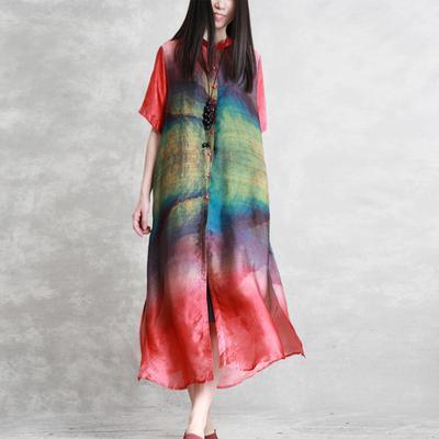 Natural Stand Collar dresses Vintage Mulberry Silk  Print Dress - Omychic
