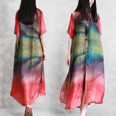 Natural Stand Collar dresses Vintage Mulberry Silk  Print Dress - Omychic