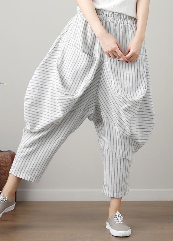 Natural Striped drop-crotch Cotton Linen  Pants Summer - Omychic