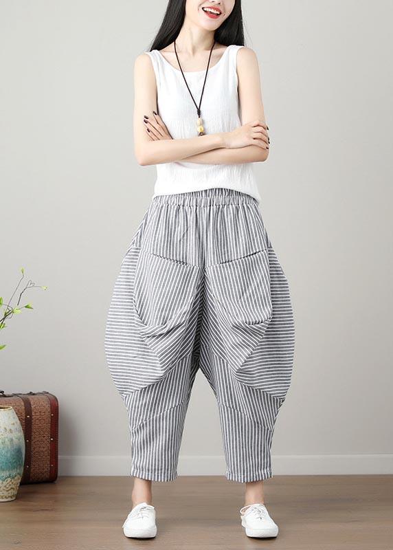 Natural Striped drop-crotch Cotton Linen  Pants Summer - Omychic