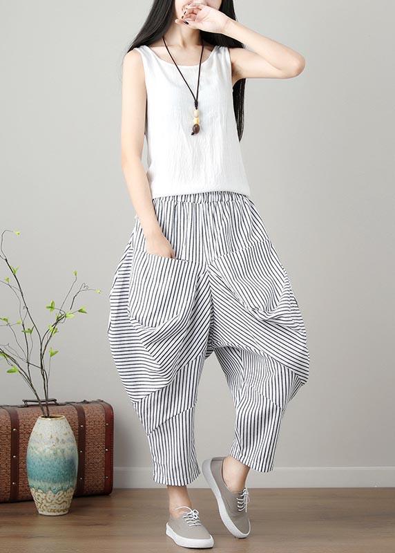 Natural Striped drop-crotch Cotton Linen  Pants Summer - Omychic