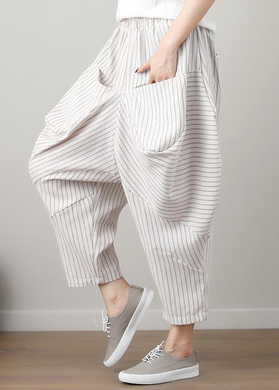 Natural Striped drop-crotch Cotton Linen  Pants Summer - Omychic