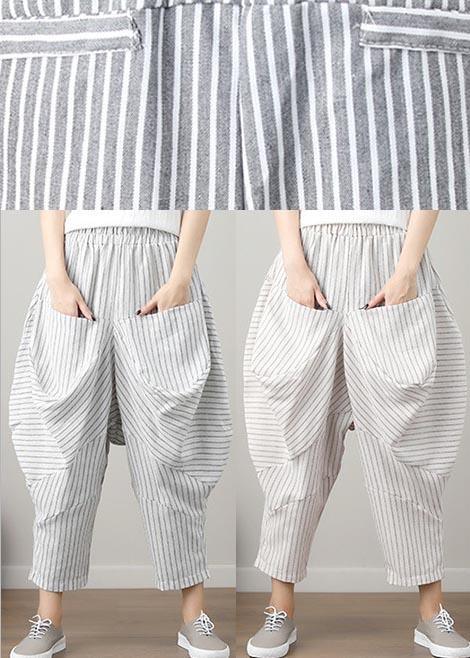 Natural Striped drop-crotch Cotton Linen  Pants Summer - Omychic