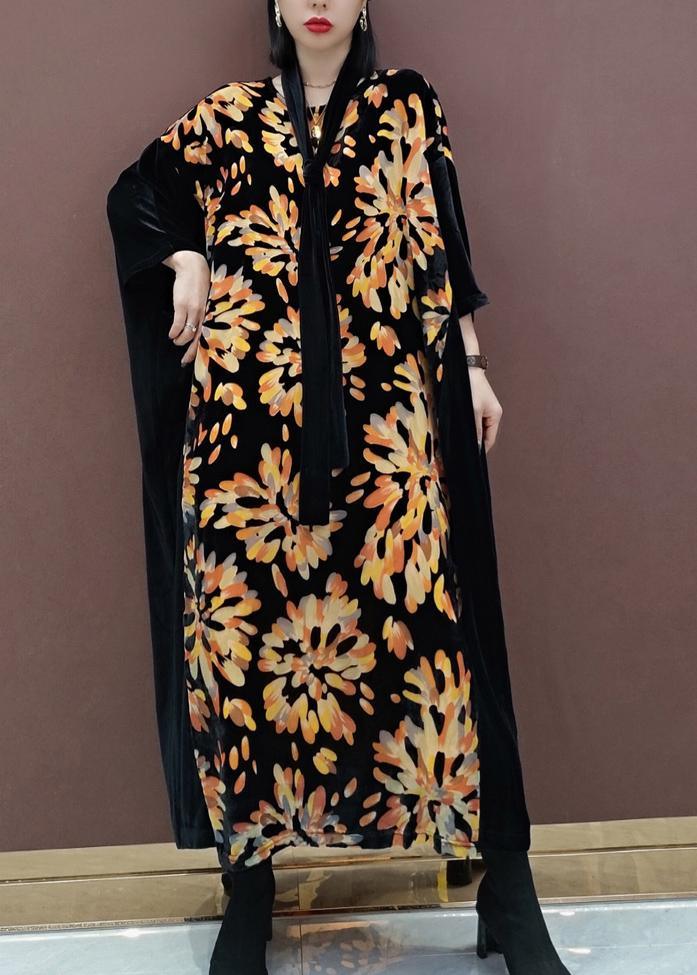 Natural V Neck Patchwork Spring Tunics For Women Fabrics Black Print Kaftan Dress - Omychic