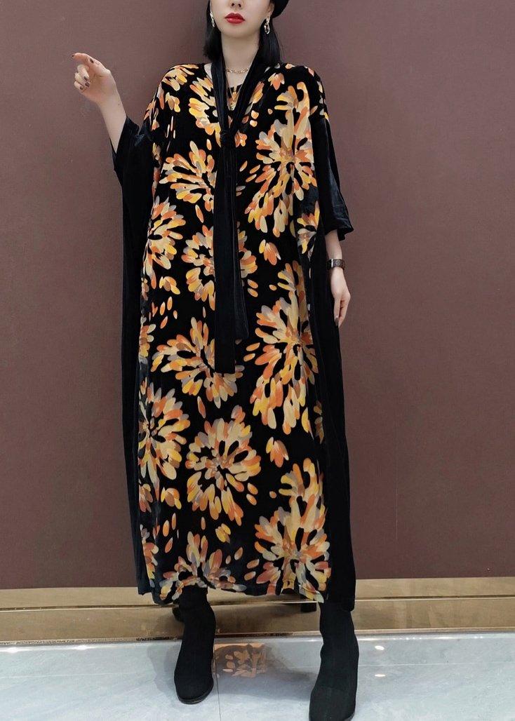 Natural V Neck Patchwork Spring Tunics For Women Fabrics Black Print Kaftan Dress - Omychic