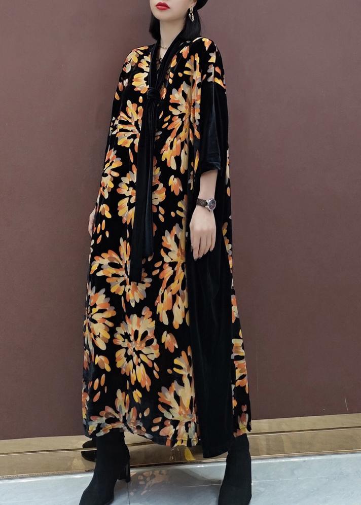 Natural V Neck Patchwork Spring Tunics For Women Fabrics Black Print Kaftan Dress - Omychic