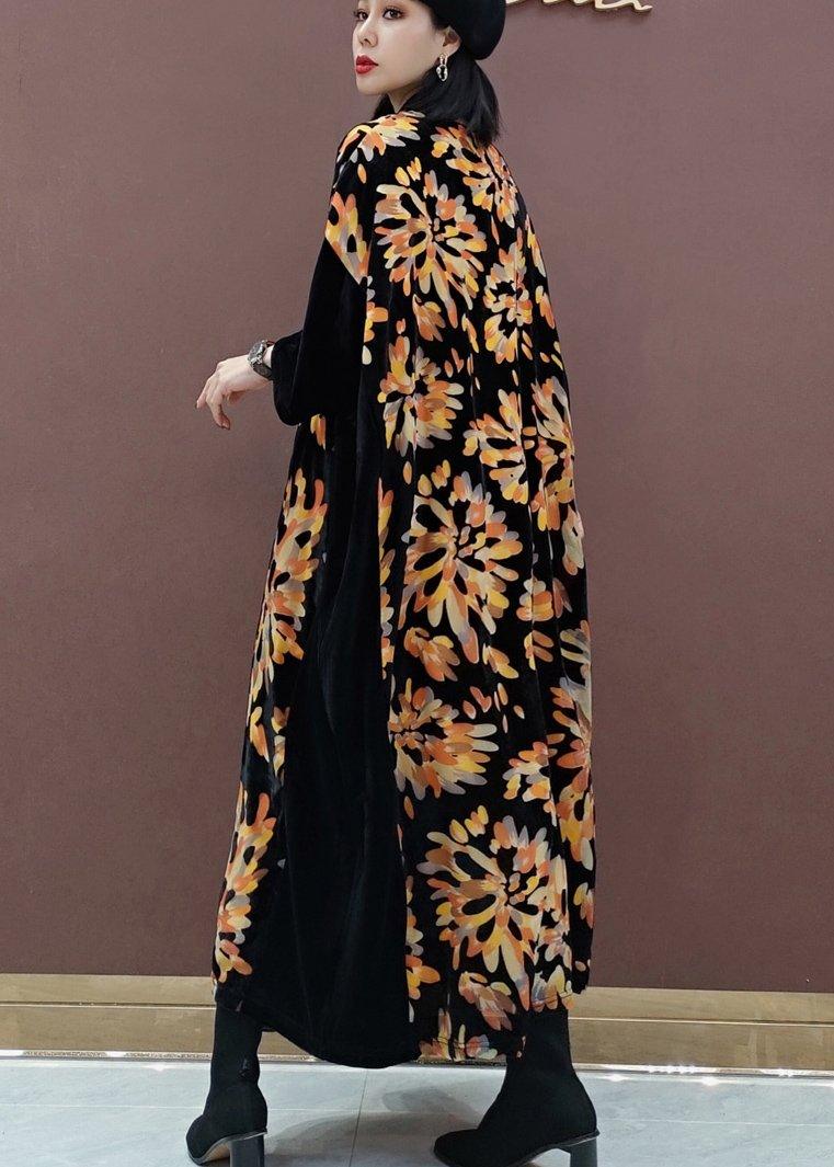 Natural V Neck Patchwork Spring Tunics For Women Fabrics Black Print Kaftan Dress - Omychic