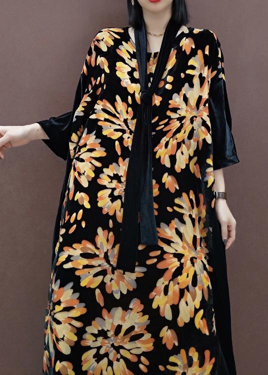 Natural V Neck Patchwork Spring Tunics For Women Fabrics Black Print Kaftan Dress - Omychic