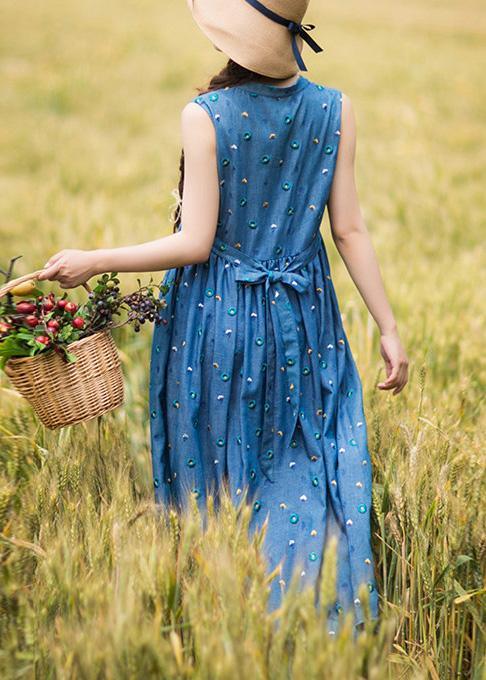 Natural V Neck Sleeveless Summer Clothes Women Fashion Ideas Blue Embroidery Maxi Dresses - Omychic