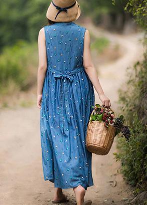 Natural V Neck Sleeveless Summer Clothes Women Fashion Ideas Blue Embroidery Maxi Dresses - Omychic
