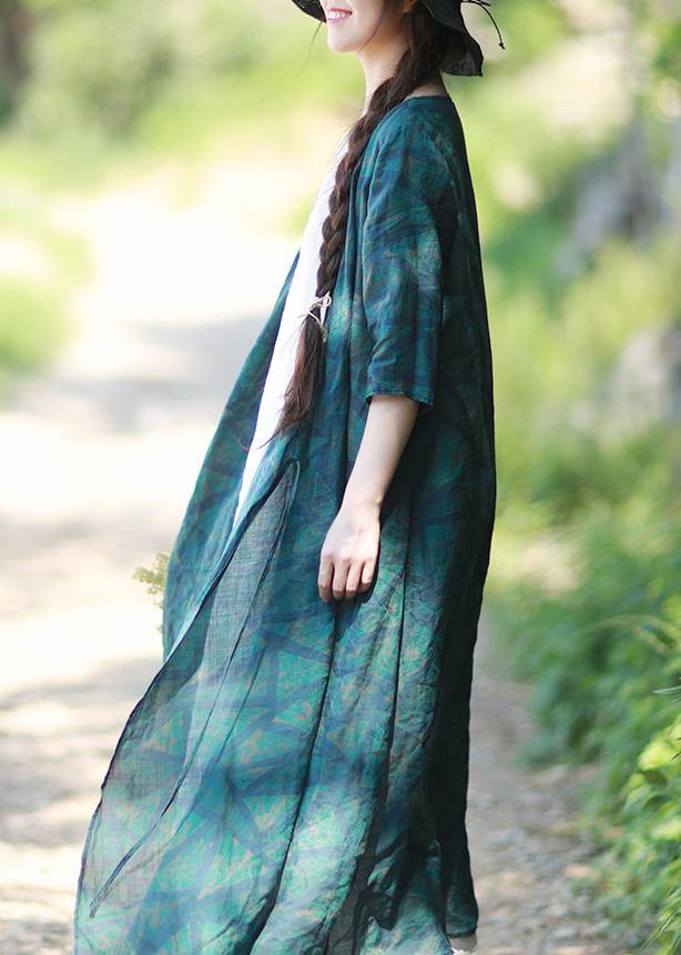 Natural V Neck Spring Quilting Clothes Blue Green Print Long Dresses - Omychic