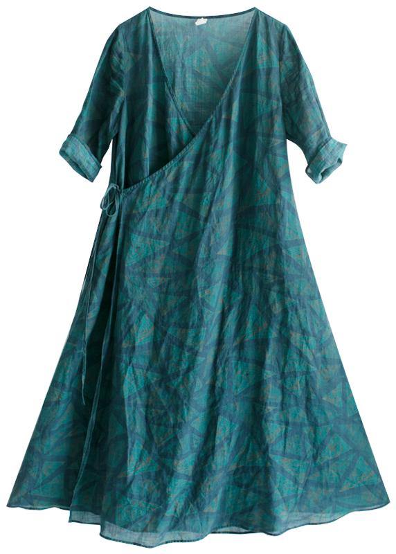 Natural V Neck Spring Quilting Clothes Blue Green Print Long Dresses - Omychic