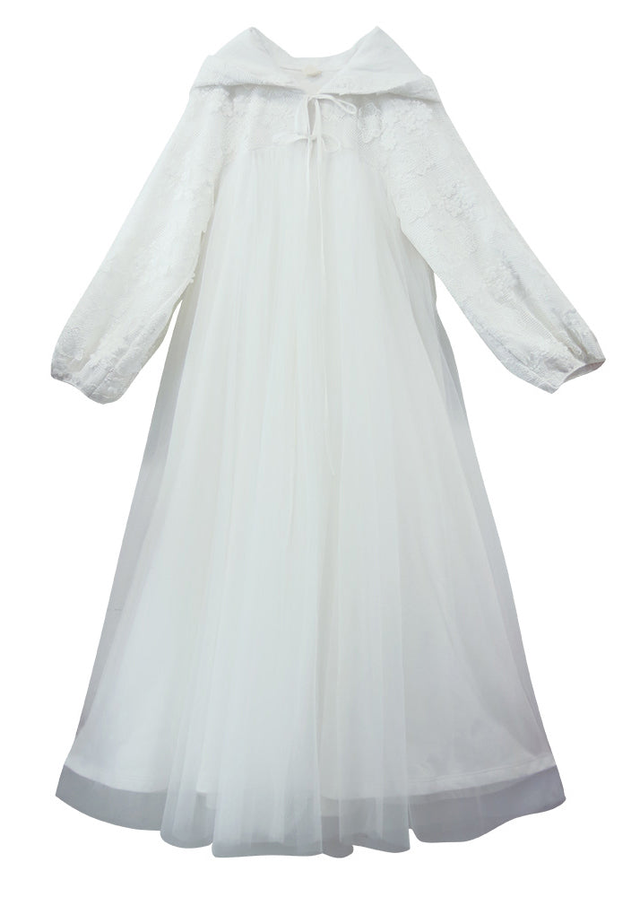 Natural White Embroideried Patchwork Tulle Hooded Trench Fall