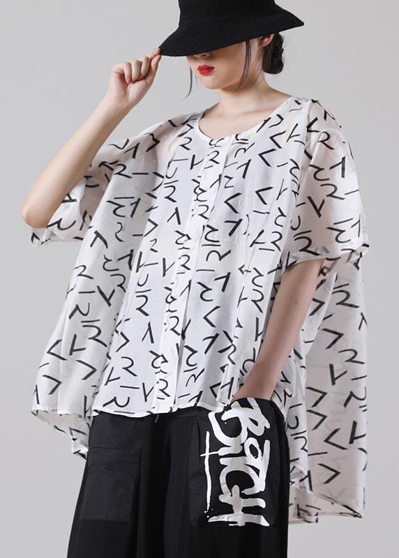 Natural White Letter Cinched Cotton Shirt Tops Summer - Omychic