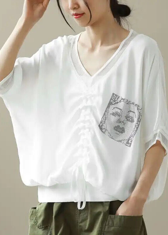 Natural White Oversized Print Wrinkled Chiffon Shirt Top Half Sleeve - Omychic