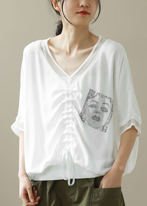 Natural White Oversized Print Wrinkled Chiffon Shirt Top Half Sleeve - Omychic