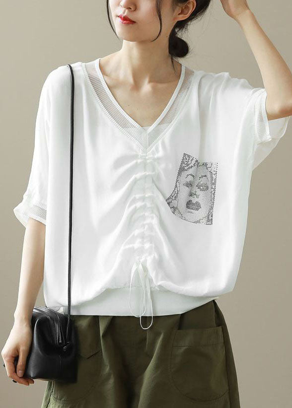 Natural White Oversized Print Wrinkled Chiffon Shirt Top Half Sleeve - Omychic