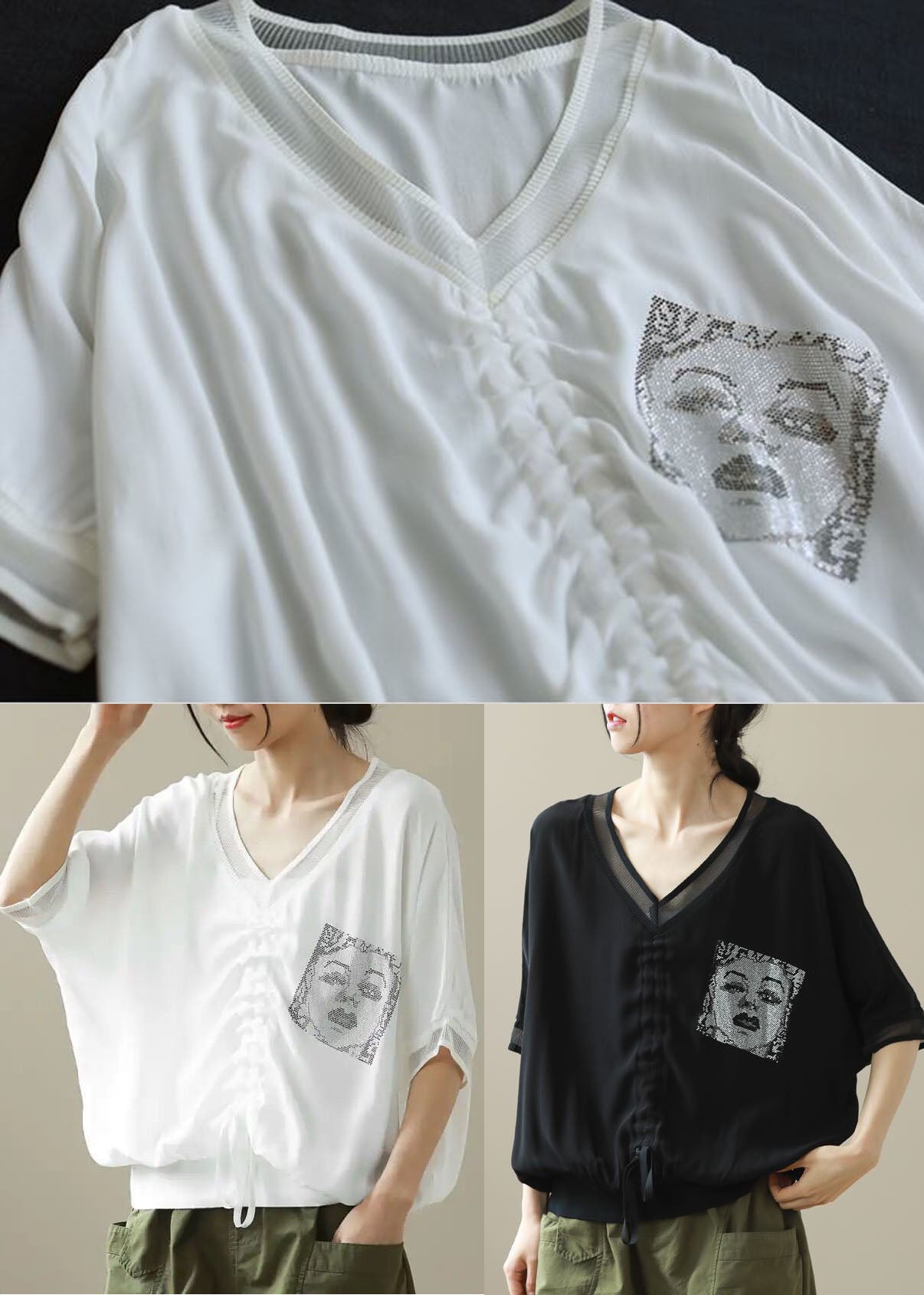 Natural White Oversized Print Wrinkled Chiffon Shirt Top Half Sleeve - Omychic