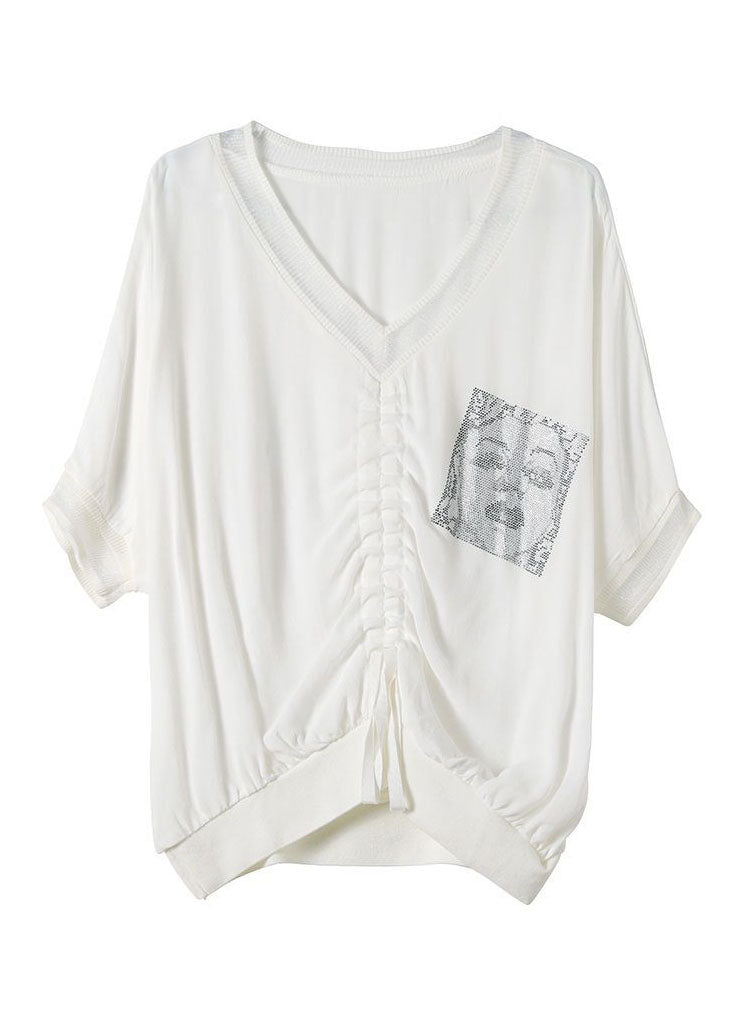 Natural White Oversized Print Wrinkled Chiffon Shirt Top Half Sleeve