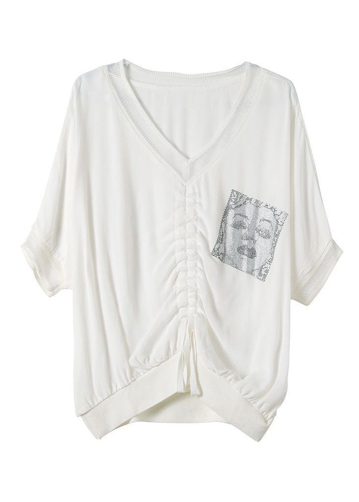 Natural White Oversized Print Wrinkled Chiffon Shirt Top Half Sleeve - Omychic