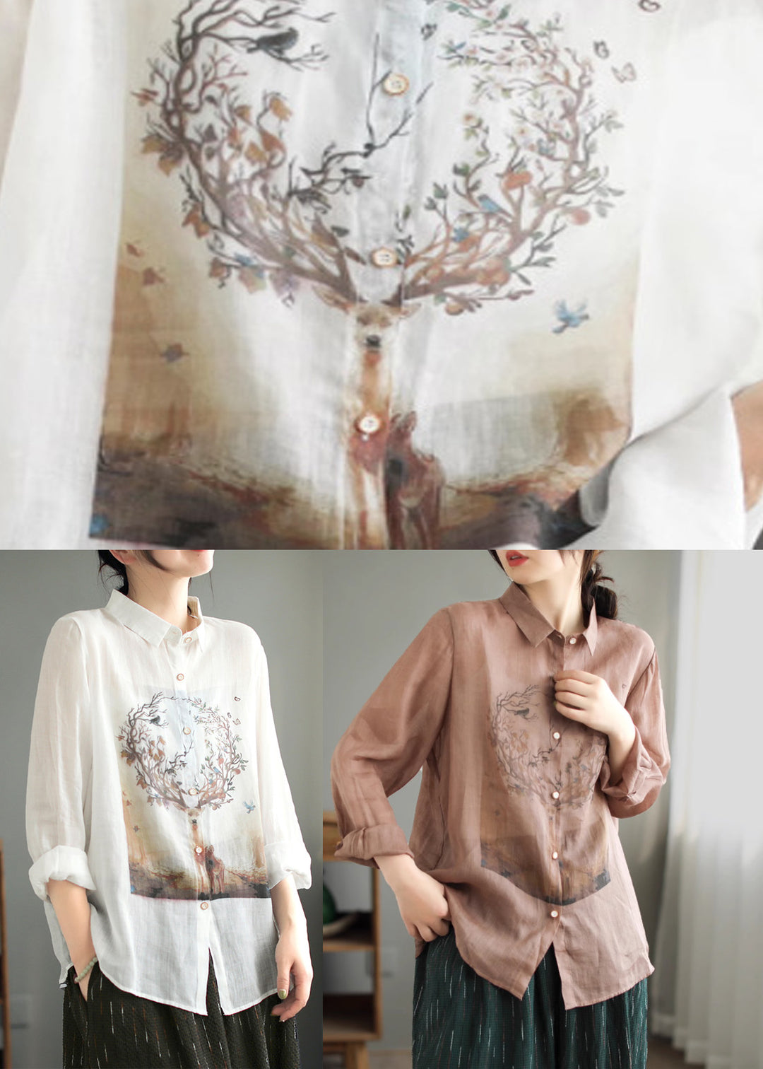 Natural White Peter Pan Collar Button Ramie Tops Spring