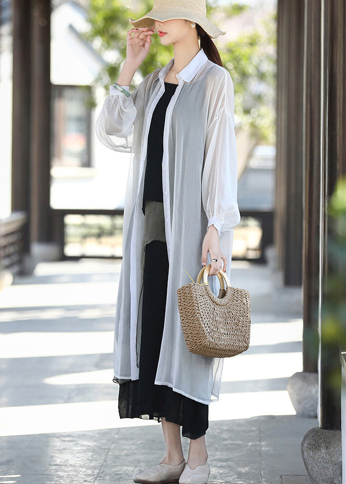 Natural White Peter Pan Collar Hollow Out Tulle Loose Cardigan Long Sleeve