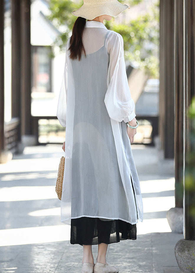 Natural White Peter Pan Collar Hollow Out Tulle Loose Cardigan Long Sleeve