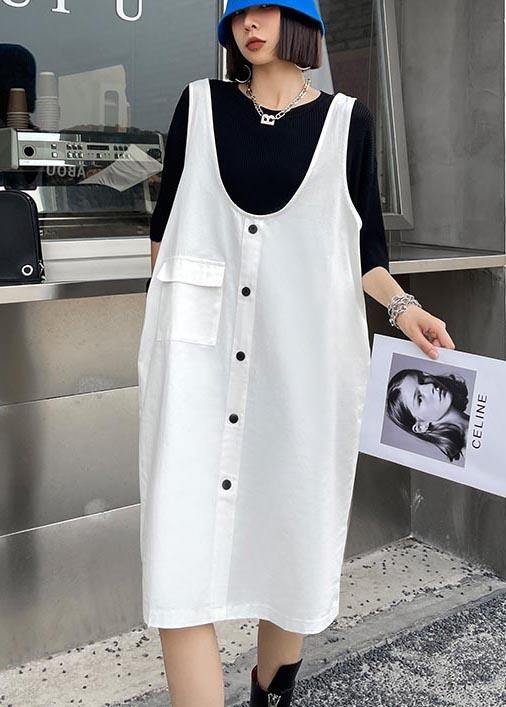 Natural White Pockets Cotton Button Summer Long Dress - Omychic
