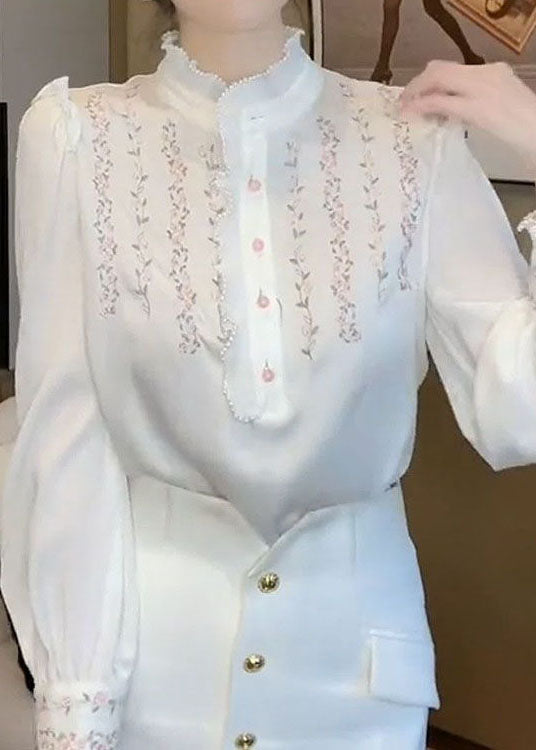 Natural White Ruffled Patchwork Print Chiffon Shirts Top Spring