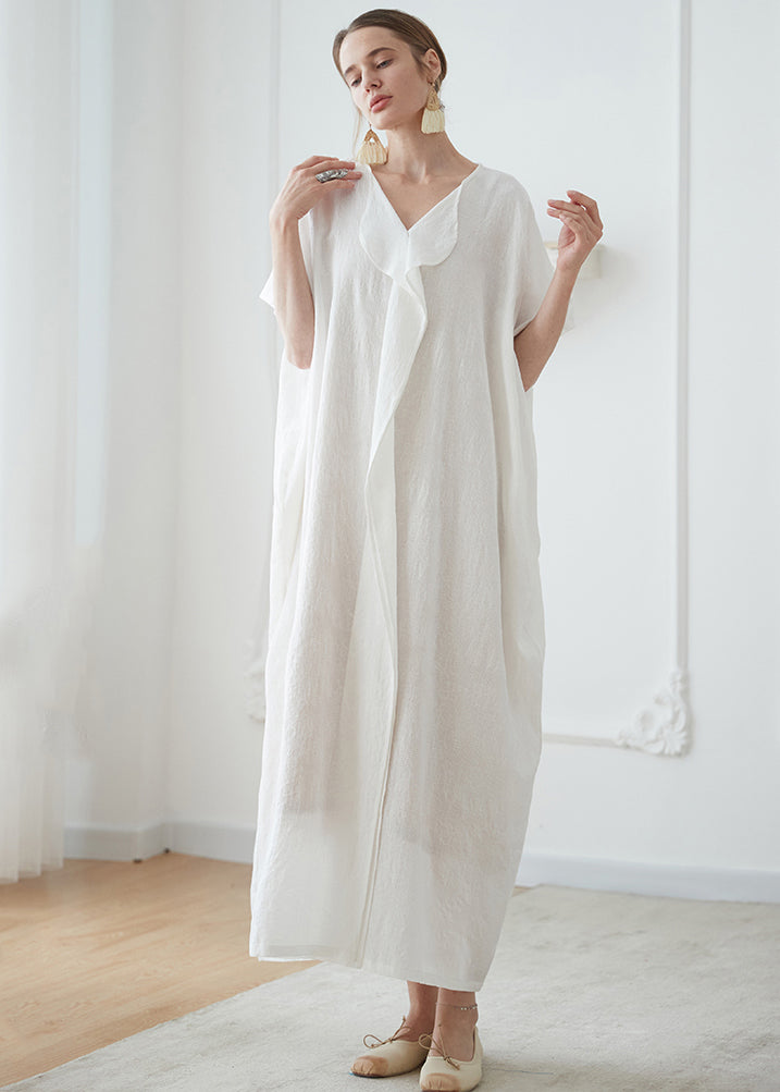 Natural White V Neck Jacquard Patchwork Cotton Robe Dresses Summer