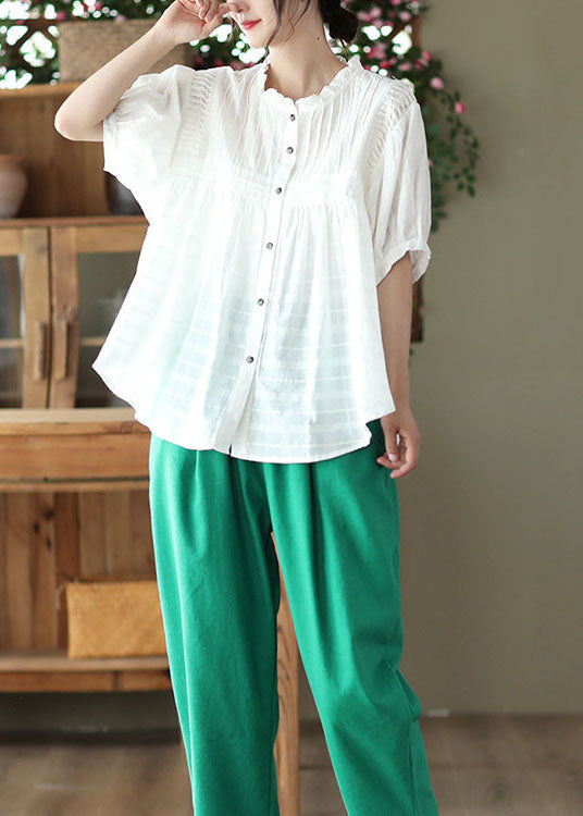 Natural White Wrinkled Button Patchwork Cotton Blouses Summer