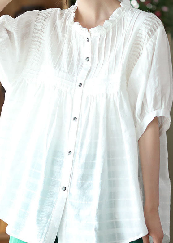 Natural White Wrinkled Button Patchwork Cotton Blouses Summer