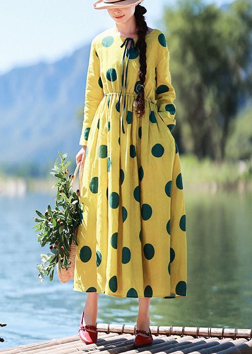 Natural Yellow Dotted Tunic Dress O Neck Pockets Art Dress - Omychic