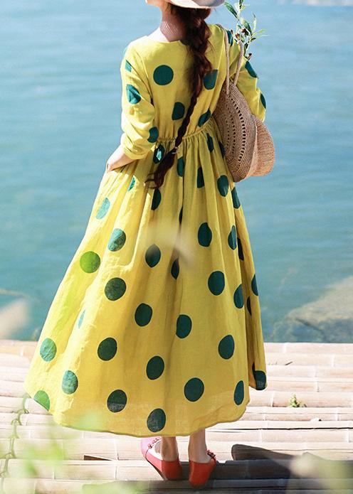 Natural Yellow Dotted Tunic Dress O Neck Pockets Art Dress - Omychic