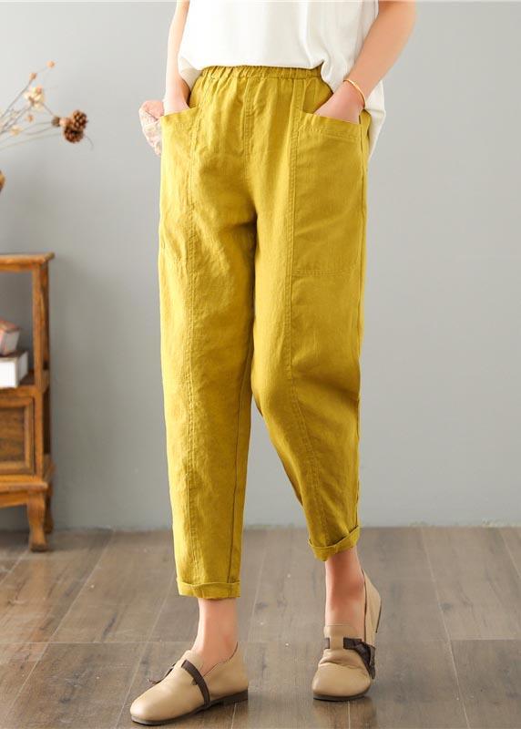 Natural Yellow Pockets Cotton Linen  Pants Summer - Omychic