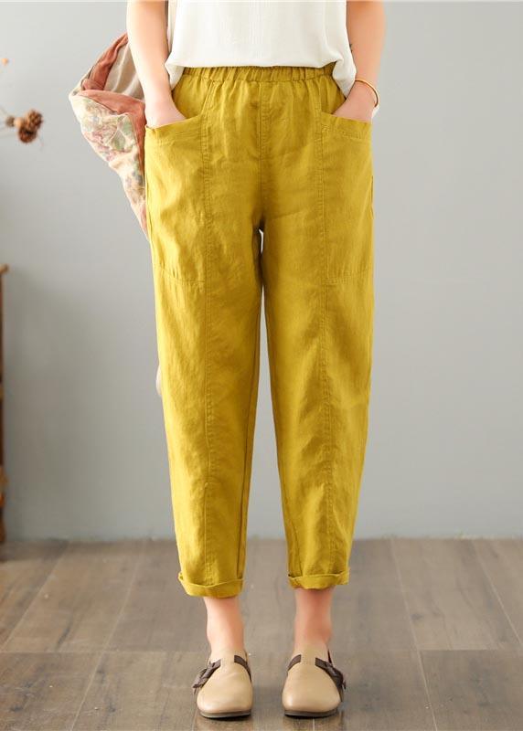 Natural Yellow Pockets Cotton Linen  Pants Summer - Omychic