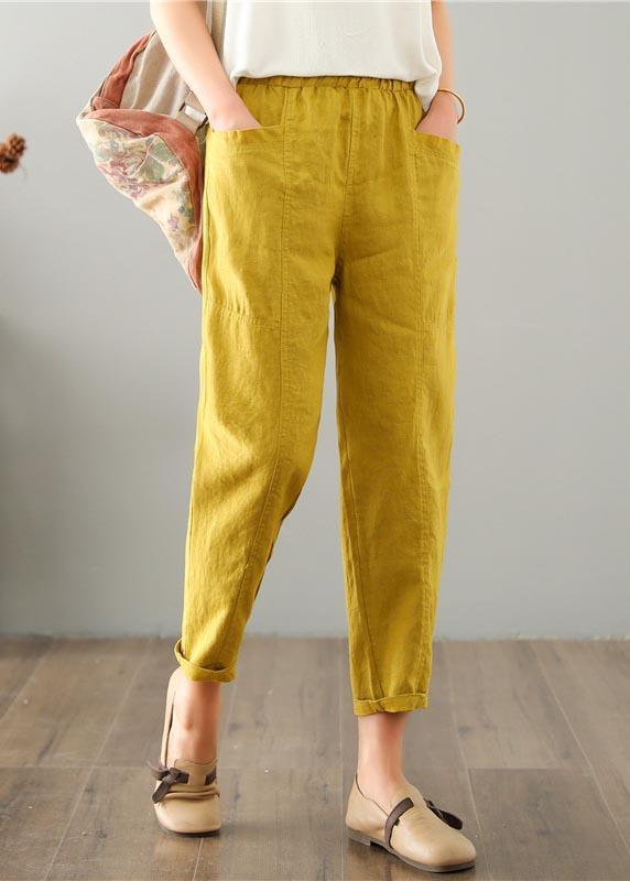 Natural Yellow Pockets Cotton Linen  Pants Summer - Omychic